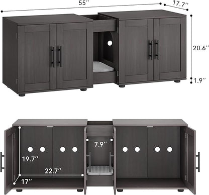 GAOMON Litter Box Enclosure with Double Room,Cat Hidden Litter Box Enclosure Furniture for 2 Cats with Double Room, 55”L x 17.7”W x 22.5”H Cat House,Wooden Enclosed Cat Litter Box Furniture,Walnut