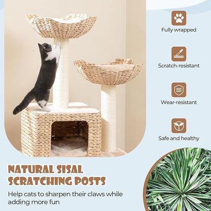 PETSITE 48 inch Cattail Cat Tree, Multi-Level Cat Tower with Sisal Scratching Posts, Cat Condo, Basket Beds, Climbing Ladder, and Soft Washable Cushions, Modern Cat Tree for Indoor Cats