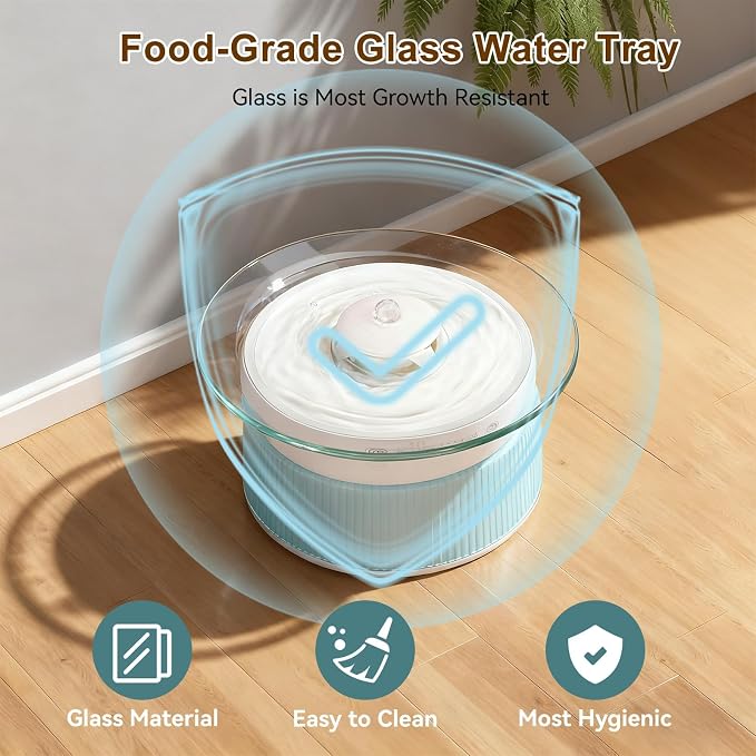 Glass Smart Cat Water Fountain Filterless | Pet Drinking Water Fountain Bowl No Filter, Battery Operated Cat Water Fountain