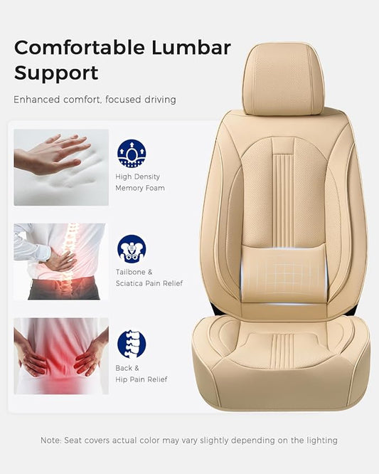 Huidasource Beige Seat Covers, Nappa Leather Car Seat Cover with Lumbar Support, Ventilation Holes, Velcro Adjustable, Airbag, Full-Coverage Seat Covers, Universal Fit for Most Cars SUV Trucks, Beige