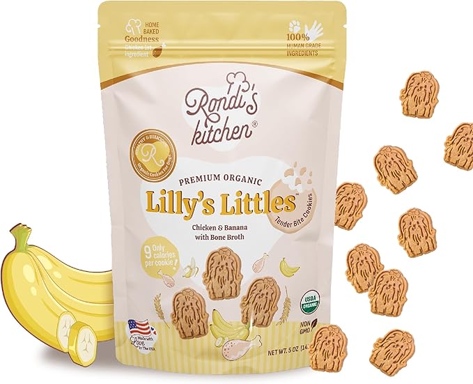 Rondi's Kitchen Lilly's Littles Organic Tender Dog Treats - Natural Doggie Cookie for Small Dogs, Puppy, Senior, Training - Human Grade Superfood Biscuit with Bone Broth - Chicken & Banana