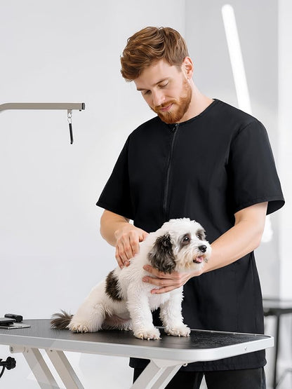 SOMSOC 2 Pack Waterproof Pet Grooming Workwear Short Sleeve Drawstring Zipper Anti Static Uniform with Pocket for Men Women