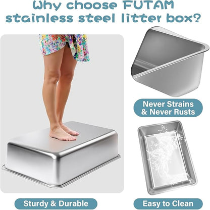 Stainless Steel Litter Box, 17.7"x13.8"x6" Medium to Large Metal Litter Box for Kitty/Cat/Rabbits, Easy to Clean, Non Stick Litterbox No Smell for Adult Cats