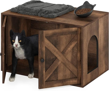 Furinno PELI Cat Litter Box Enclosure, Farmhouse Hidden Litter Box Furniture with Side Entrance, Wooden Pet House with 2 Slatted Doors, Easy Assembly, for Living Room, Rustic Brown