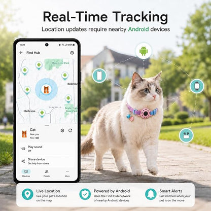 Cat Tracker GPS for Android, Pet GPS Tracker Collar for Cats No Subscription, IP67 Waterproof Cat Collar with Tracker Compatible with Google Find Hub – Replaceable 1-Year Battery, Android Only (Pink)