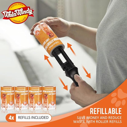 WulaWindy Extra Sticky Lint Rollers for Pet Hair, 6 Rolls, 2 Handles | Extra-sticky lint rollers with 6 rolls and 2 reusable handles for pet hair, lint and dust on clothes, sofas and furniture.