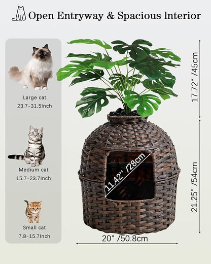 SETVSON Cat Litter Box Plant Furniture Enclosure, Hidden Handwoven Rattan with Cat Litter Box and Artificial Plants, Odor Control Filter, Real Stones in Living Room, Bedroom, Corner (Brown)