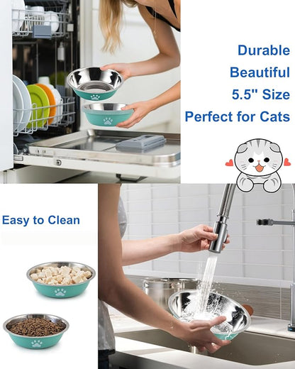 Stainless Steel Cat Bowl Set - Whisker Friendly Wide Shallow Cat Food Bowls, Non-Slip Cat Dishes, 6-Pack Cats Food & Water Bowls for Multi-Cat Homes, Indoor & Outdoor Use