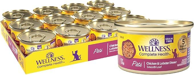 Wellness Complete Health Pate Adult Canned Wet Cat Food, Natural, Protein Rich, Grain Free, Chicken and Lobster Dinner Recipe, 3 oz, Pack of 24 Cans