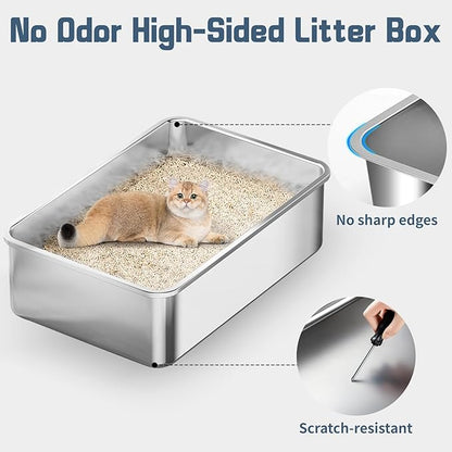 3 Pack Stainless Steel Litter Box, 27.6"x19.7"x8" XXXL Metal High Sided Cat Litter Pan, Extra Large Stainless Steel Box Splash-Proof and Non-Stick Cat Poop Box Odorless