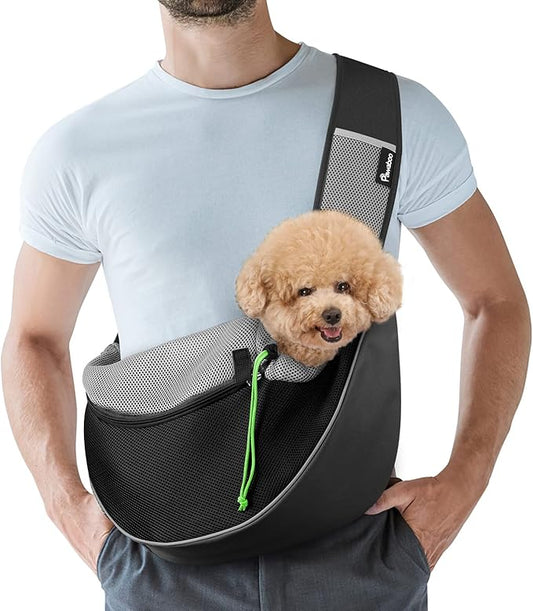 Pawaboo Hand Free Dog Sling Carrier, Breathable Mesh Bag for Pet Puppy Cat, Drawstring Dog Papoose with Adjustable Strap and Pocket, Crossbody Dogs Purse for Travel Outdoor, M, Black
