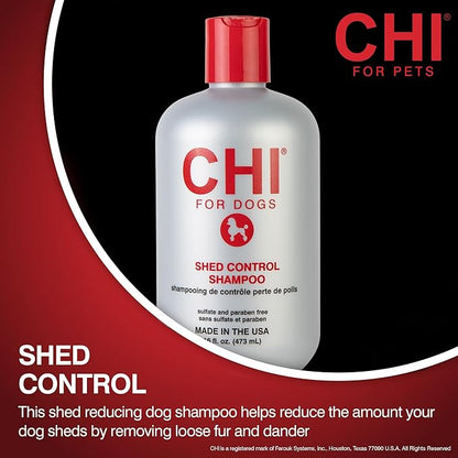 CHI for Dogs Shed Control Shampoo with Omega Fatty Acids and Silk Protein, Dog Shampoo to Reduce Shedding, pH Balanced, Sulfate and Paraben Free, Dogs 8 Weeks+, Made in the USA, 16 Fl Oz