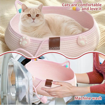 Woven Cat Bed Basket with Ears, Pink Cotton Rope Pet Bed for Indoor Cats, Small Dogs & Rabbits - Cute Basket with Pom Poms & Toy Ball (15.75x5.51 Inch)