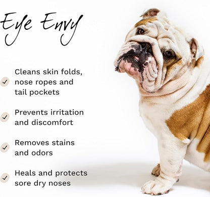 Eye Envy Bulldog Wrinkle Cleaner & Nose Care Kit. Bulldog Wrinkle Wipes, Tear Stain Powder, Applicator Brush & Dog Nose Balm. Cleans Skin Folds. Removes Stains. Helps Cracked Noses. Made in USA
