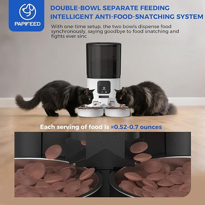 PAPIFEED Automatic Cat Feeder 2 Cats, 2.4G WiFi Cat Food Dispenser with App Control, 7L Slow Feed Timed Cat Feeders for Dry Food, 10 Meals/Day, 12 Portions/Meal, Dual Power Supply - White