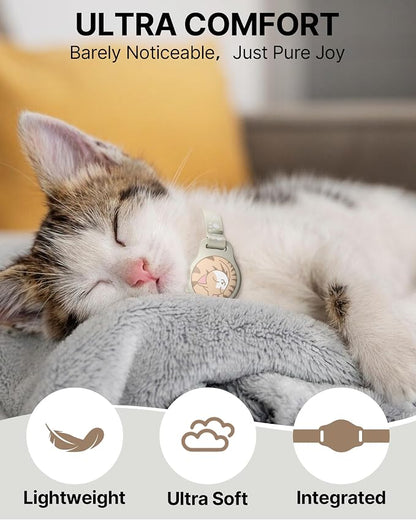 Cat Tracker Collar - Waterproof Airtag Cat Collar with Finder Tag, Khaki | Compatible with Apple Find My (iOS ONLY), Breakaway Tractive Design with Reflective Pattern & Bell (Not for Android Devices)