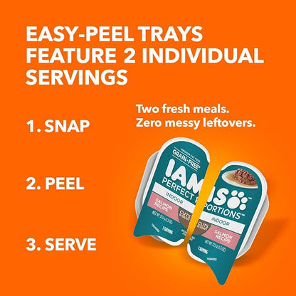 IAMS Perfect Portions Grain Free Wet Cat Food, Indoor Adult Cat Food Wet Cuts in Gravy, Salmon Recipe, (24) 2.6 oz. Twin-Pack Trays