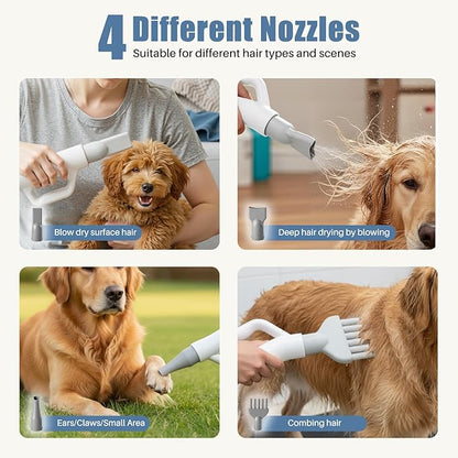 DUMOS Pet Blow Dryer Grooming Vacuum Kit, Dog Dog Hair Dryer with Adjustable Wind Speed & Heater Temperature, Cool-Warm-Hot Cycle Mode, 4 Nozzles, 6.5 FT Cord for Low Noise Cat Hair Remover, White