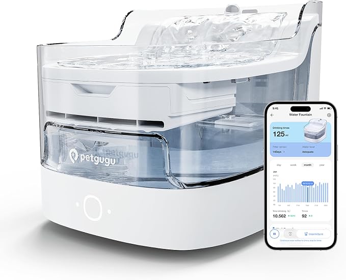 PETGUGU AI Cat Water Fountain with Smart App,8-Layer Filtration,Wireless Ultra Quiet Pump,Pet Health Manager,2.4G WiFi Automatic Water Dispenser for Cats Dogs Pet Water Fountain Easy to Clean