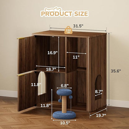 Rovibek Double Cat Litter Box Enclosure Furniture, Fluted Hidden Litter Box Enclosure for 2 Cats with Double Room, Mid Century Dual Cat Litter Cabinet with Scratching Post, Dangling Ball, Walnut