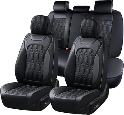 Coverado Car Seat Cover, Black Seat Cover for Cars, Luxury Leather Seat Covers Full Set with Embossed Pattern, Waterproof Car Seat Protector Car Seat Cushions Universal Fit Most Vehicle