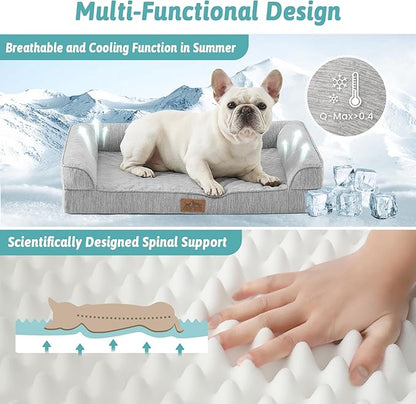 COZY KISS Cooling Dog Bed, Orthopedic Foam Dog Bed with Sides, Removable Washable Cover & Waterproof Lining and Nonskid Bottom, Comfortable Pet Beds for Large Dogs, Grey (42" L x 30" W x 7" Th)
