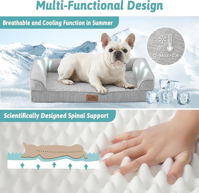 COZY KISS Cooling Dog Bed, Orthopedic Foam Dog Bed with Sides, Removable Washable Cover & Waterproof Lining and Nonskid Bottom, Comfortable Pet Beds for Small Dogs, Grey (30" L x 20" W x 6" Th)