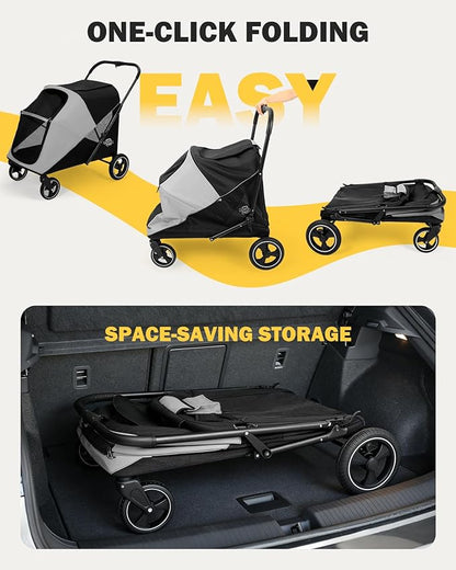Dog Stroller for Large & Medium Dogs, 4 Wheels Pet Stroller for Large Dogs up to 120lbs, Extra Large Dog Stroller with Foldable Design, Sun Shades, Storage Pocket, Breathable Mesh