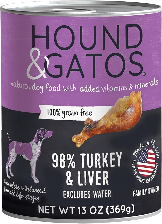 Hound & Gatos Wet Dog Food, 98% Real Meat, Single Protein Turkey Recipe, Supports Digestive Health, High Protein Limited Ingredients, Grain Free, 13 oz. Cans (Pack of 12)