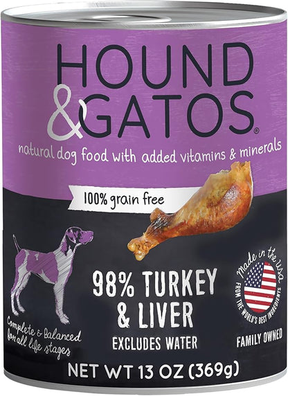 Hound & Gatos Wet Dog Food, 98% Real Meat, Single Protein Turkey Recipe, Supports Digestive Health, High Protein Limited Ingredients, Grain Free, 13 oz. Cans (Pack of 12)