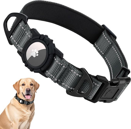 Taglory AirTag Dog Collar with Waterproof Holder for Large Dogs, Gray, L | Reflective for Night Walks & Low-Light Safety, Track Your Pup Peace of Mind, Adjustable Soft Padded, No More Dangling Tags