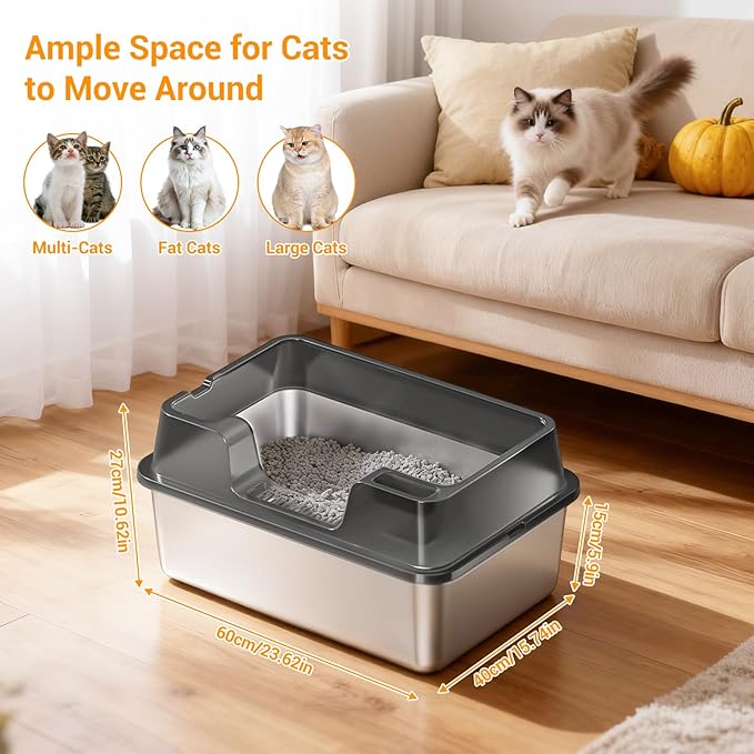 Enclosed Stainless Steel Cat Litter Box with Lid Extra Large Litter Box for Big Cats XL Metal Litter Pan Tray with High Wall Sides Enclosure, Non-Sticky, Anti-Leakage, Easy Cleaning