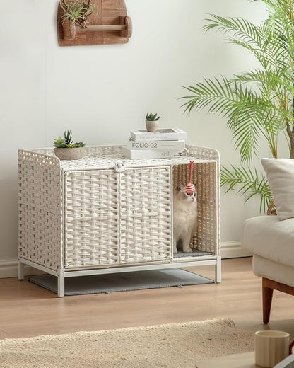 SETVSON Cat Litter Box Enclosure Furniture with Divider, Handwoven Rattan Litter Box with Mat, 31.2 x 19.6 x 24.2 Inches, Metal Heightened Feet, Hidden Cat House for Living Room, Bedroom (White)