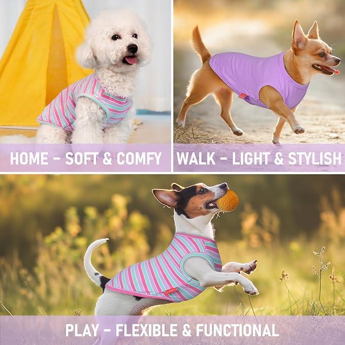 KYEESE 2Pack Dog Shirt, Soft Striped Dogs T Shirts, Lightweight Doggie Tank Top Cat Clothes, Sleeveless Dog Shirt for Small Dogs, Stretchy Pet Vest, Purple+Blue Striped, Medium