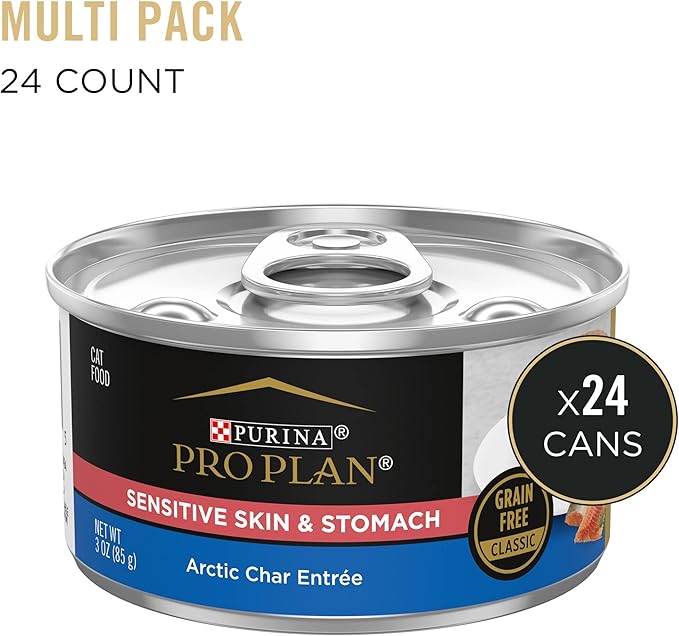 Purina Pro Plan Sensitive Skin and Stomach Cat Food Wet Pate, Sensitive Skin and Stomach Arctic Char Entree - (Pack of 24) 3 oz. Pull-Top Cans