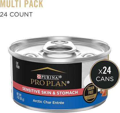 Purina Pro Plan Sensitive Skin and Stomach Cat Food Wet Pate, Sensitive Skin and Stomach Arctic Char Entree - (Pack of 24) 3 oz. Pull-Top Cans