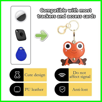 Leather Keychain Holder Case Compatible with AirTag,Cute Protective Cover with Keyring,Anti-Scratch Finder GPS Tracker Case for Wallet Keys,bag,pets,Backpack(Frog Orange)