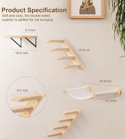 Cat Wall Shelves with 1 Floating Fabric Hammock, 2 Ladders with 4 Steps Each & 1 Flat Cat Shelf, Wall Mounted Bed Furniture & Climber, Indoor Playground