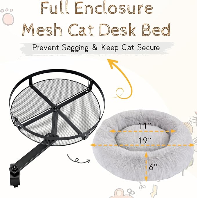 Cat Bed for Desk 360 Rotating with Adjustable Height, Removable Desk Mounted Kitty Bed with Soft Fur, Desktop Cat Hammock Supports 33 lbs for Table Home Office Indoor