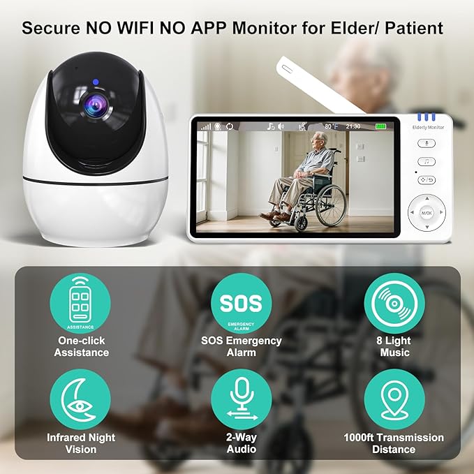 Elderly Monitors with Camera and Audio, Two-Way Talk Room Monitors for Elderly, Med Reminder Camera for Elderly Monitoring, Baby Monitors for Elderly Care and Caregivers, Video Monitor for Elderly