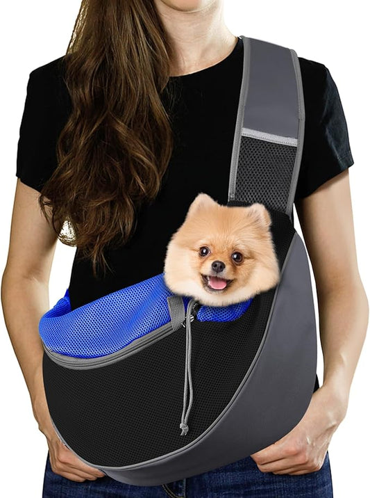Pawaboo Dog Sling Carrier, Hand Free Breathable Mesh Bag for Puppy Cat, Drawstring Dog Papoose with Adjustable Strap and Pocket, Crossbody Satchel Dogs Purse for Outdoor Travel, L, Indigo