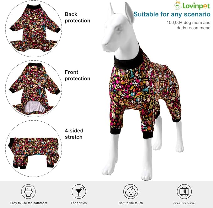 LovinPet Pet Pajamas for Pit Bulls, Full Coverage Dog Pjs with Black Trim, Decoupage Ink Print, Post Surgery Shirt, UV Protection, Pet Anxiety Relief Shirt, Large Dog Jammies, Pitbull Clothes, 2XL