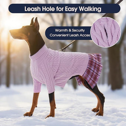 IECOii Girl Dog Sweater Dress - Cable Knit Dog Sweater for Medium Dogs Girl, Purple,Large - Turtleneck Winter Sweaters with Leash Hole, Soft & Stretchy Adorable Dress for Thanksgiving Christmas Photo