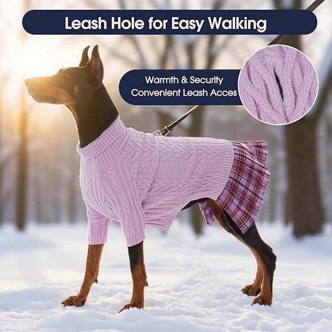 IECOii Girl Dog Sweater Dress - Cable Knit Dog Sweater for Small Dogs Girl - Purple,Medium, Turtleneck Pullover Sweaters with Tartan Plaid Skirt, Adorable Warm Dog Knitted Dress for Christmas