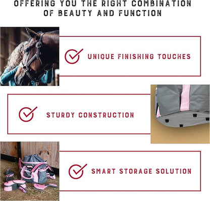 Weaver Equine Horse Grooming Kit, 7-Piece Horse Brush Set with Organizer Tote Bag, Hoof Pick, Comb, Sweat Scraper, Equine Tools for Daily Grooming, Gray/Pink