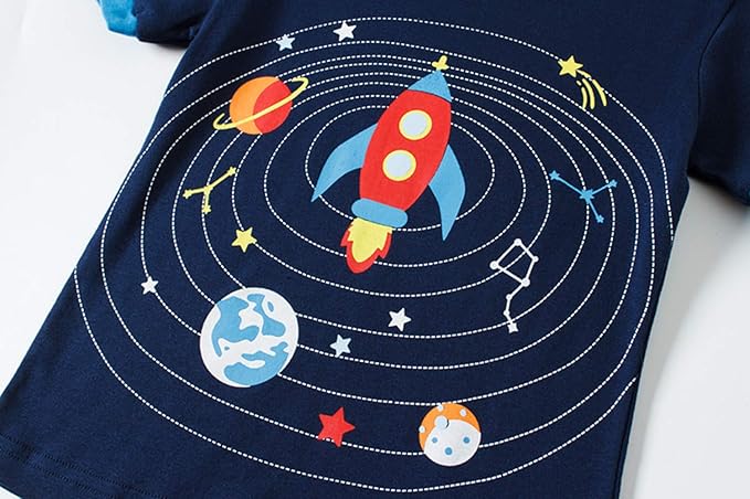 Popshion Boys Pajamas 100% Cotton Toddler Clothes Summer Pjs for Boy Planet Dinosaur Sleepwear Kids Short Sets 2-10 Years