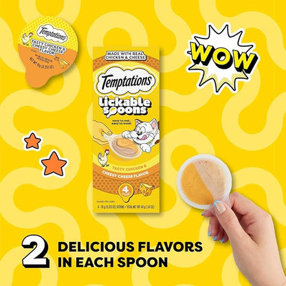 Temptations Lickable Spoons, Soft Lickable Cat Treats, Adult Wet Cat Treats, Tasty Chicken and Cheesy Cheese Flavor, 4 Spoons, Pack of 24 (96 Total)