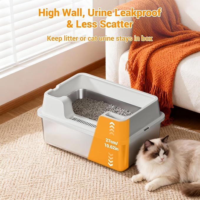 Enclosed Stainless Steel Cat Litter Box with Lid Extra Large Litter Box for Big Cats XL Metal Litter Pan Tray with High Wall Sides Enclosure, Non-Sticky, Anti-Leakage, Easy Cleaning