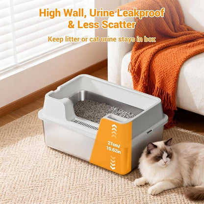 Enclosed Stainless Steel Cat Litter Box with Lid Extra Large Litter Box for Big Cats XL Metal Litter Pan Tray with High Wall Sides Enclosure, Non-Sticky, Anti-Leakage, Easy Cleaning