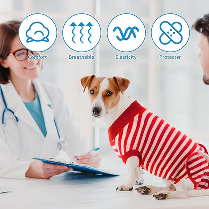 2 Packs Breathable Cotton Dog Recovery Suit for After Neuter Spay Abdominal Wounds Protector, Professional Anti-Licking Onesies for Male Female Pets Surgery Bandages, L Red & Blue Stripes